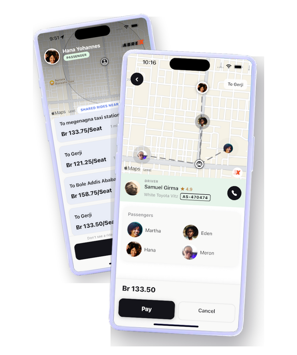 Layered app screenshots — two overlapping phone mockups with soft drop shadows