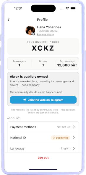 App screenshot — the profile screen: ownership code, passengers and drivers owned, and the estimated earnings figure